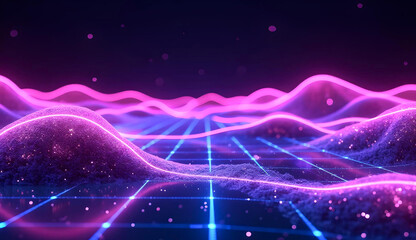 Neon cyberpunk grid lines with glowing purple and blue energy waves on black background, digital futuristic