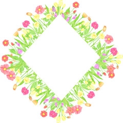 Hand drawn watercolor wildflowers and leaves frame border. Flower of the field isolated on white background. Can be used for postcard, label, scrapbook and other printed products.