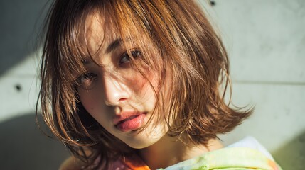 柔らかな質感のブラウン系ヘアスタイルの女性