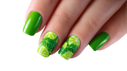 Woman's hand showcasing a vibrant green nail art design featuring miniature mint leaves and lime slices, set against a transparent background, creating a refreshing and stylish aesthetic