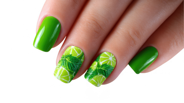Woman's hand showcasing a vibrant green nail art design featuring miniature mint leaves and lime slices, set against a transparent background, creating a refreshing and stylish aesthetic