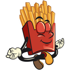 funny french fries cartoon mascot meditating, fast food vector character isolated on white, work of hand drawn