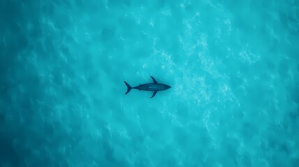 Aerial view of a shark swimming in crystal clear turquoise ocean water.  Concept of marine wildlife, ocean conservation, and underwater beauty.