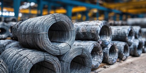 A stunning image of metal wire coils stacked in the metalworking industry for annealing and wire drawing processes.