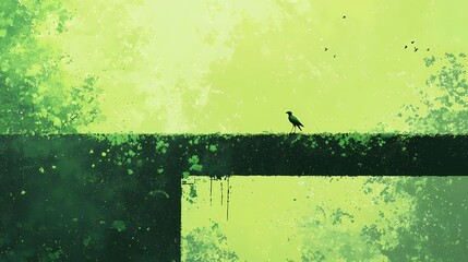 Silhouette of a bird perched on a grunge fence against a green, textured background.  Evokes themes of nature, solitude, and urban decay.