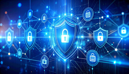 Fototapeta premium a digital concept of cybersecurity, with a blue shield at the center representing security, surrounded by various digital representations of padlocks and keys, symbolizing different aspects of securit