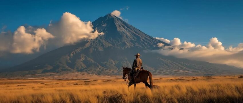 Riding a horse in front of a volcano