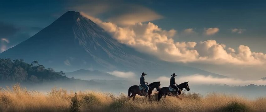 Riding a horse in front of a volcano