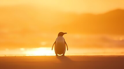 Silhouette of a penguin on a beach at sunset.  Wildlife, nature, antarctica, ocean, bird.