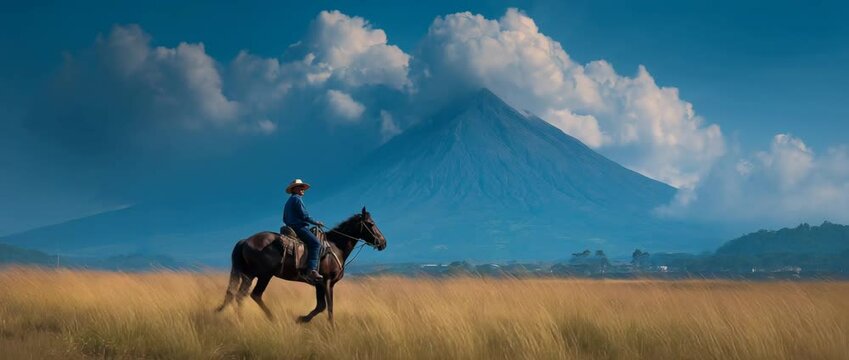 Riding a horse in front of a volcano
