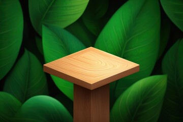 Wooden Square Podium with Lush Green Leaf Background, Natural Texture and Bright Lighting, Ideal for Eco-Friendly Product Display or Botanical Branding Presentation