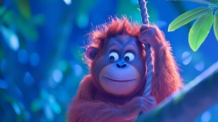 Adorable cartoon orangutan swinging on a vine in a lush jungle.  Perfect for children's books, animation, or environmental themes.
