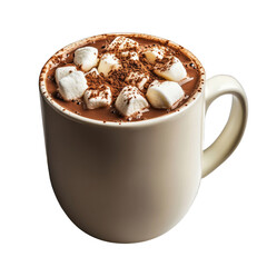 Cozy mug of hot chocolate with marshmallows and cocoa powder topping on transparent background