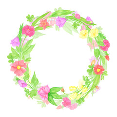 Hand drawn watercolor wildflowers and leaves wreath frame border. Flower of the field isolated on white background. Can be used for card, invitation, scrapbook and other printed products.