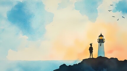 Watercolor painting of a person silhouetted against a sunset, gazing at a lighthouse.  Conveys hope, guidance, and journey.