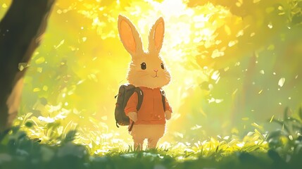 Adorable cartoon bunny with backpack in sunny forest.  Adventure, nature, childhood, whimsical illustration.