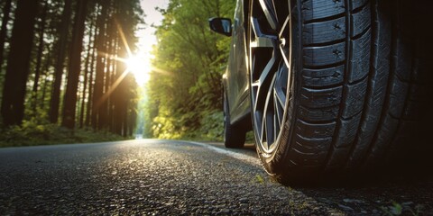 A stunning image of summer-ready tires on sunny forest asphalt road.
