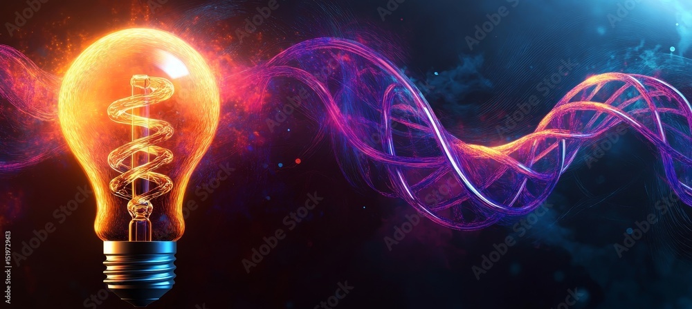 Poster illuminated dna strands in a modern biological rendering showcasing a visionary science paradigm