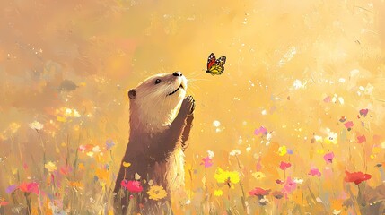 Cute otter looking at a butterfly in a sunny meadow.  Peaceful nature scene, wildlife, animal friendship.
