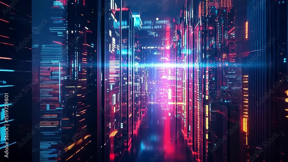 Poster abstract technology: red and blue digital network with cyber data flow, futuristic hi-tech backgroun