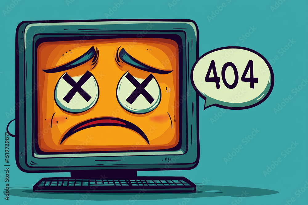Poster computer displays an error message with a sad expression in flat style