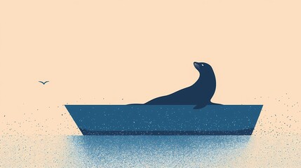 Illustration of a sea lion relaxing in a small boat at sea.  Conceptual image of peace, adventure, and wildlife.