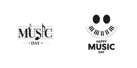 Happy Music Day Logo Design Musical Notes, Piano Keys, and Treble Clef for Celebration and Events