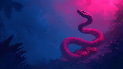 Pink snake coiled around treasure in a vibrant tropical jungle at night.  Mystical, surreal, fantasy art.