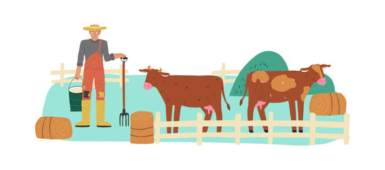 Flat style vector illustration of a farmer with cows and milk containers. Great for agriculture topics, educational content, and rural lifestyle visuals