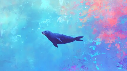 Artistic illustration of a seal swimming in vibrant, colorful ocean water.  Concept of marine life, ocean conservation, and underwater beauty.