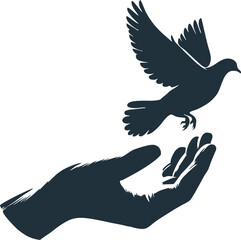 Silhouette of hand releasing dove
 vector isolated on white background