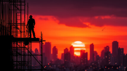 Silhouetted construction worker stands against a vibrant sunset skyline