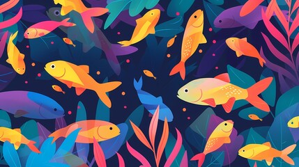 Vibrant underwater scene with colorful fish and aquatic plants.  Perfect for marine life, ocean, nature, and tropical themes.
