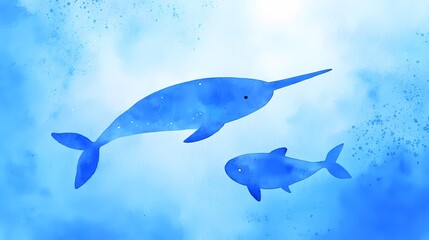 Watercolor painting of a narwhal and its calf swimming in the ocean.  Illustrative style, peaceful underwater scene.