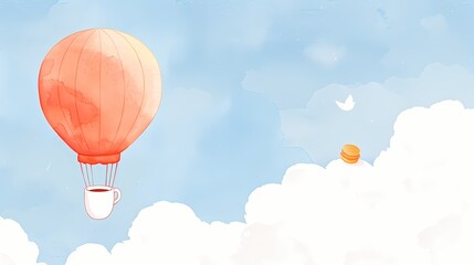 Whimsical watercolor illustration of a coffee cup hot air balloon floating in a dreamy sky.  Perfect for cafe menus, coffee brands, or travel themes.