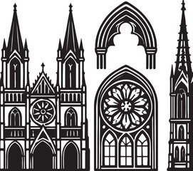 Illustrate detailed black and white gothic architectural elements like cathedrals, arches, stained glass, and spires.