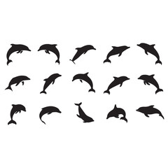 Set of flying dolphin and bird vector silhouettes collection