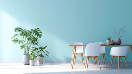Bright and airy dining space featuring minimalist furniture, blue walls, and potted plants for a fresh, modern aesthetic.
