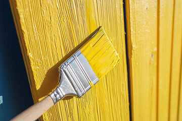 Hand of an elderly person painting a fence with a brush in yellow paint.