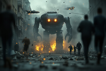 A giant combat robot walks down the street of ruined city with people running background.