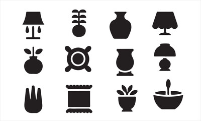 A set of twelve simple, black silhouette icons representing various home decor items, including lamps, vases, plants, and a packet.