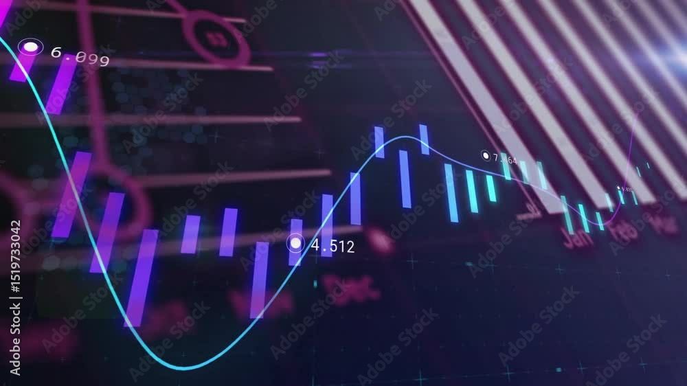 Aufkleber dashboard loading purple bars and cyan line animating dipping rising to visualize monthly trends