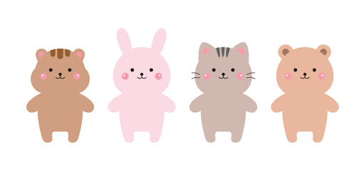 A set of cute animal character illustrations including squirrels, rabbits, cats, and bears. Cute and playful design, perfect for children's products, educational materials, and decorative items.