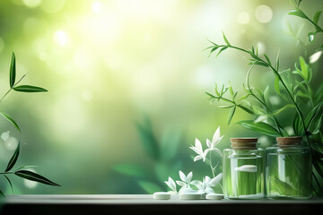 Herbal medicine background, healing tinctures on an apothecary table with green plant leaves.