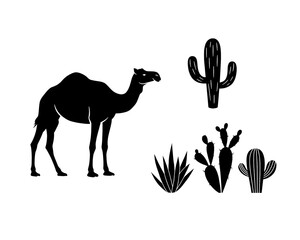 camel and different cactus silhouette