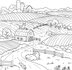 Fototapeta premium Vintage drawing of an old rural landscape with houses and trees