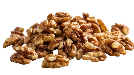 Obraz premium Shelled walnut pieces are scattered across a transparent background, creating a visually appealing image suitable for projects related to healthy eating, food ingredients, and culinary themes