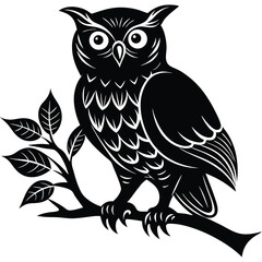 Majestic Owl Perched on Branch Black and White Illustration