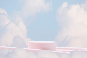 Minimal podium table top in outdoor on blue sky white cloud background.Beauty cosmetic product placement pedestal modern stand display,surreal paradise dreamy concept.