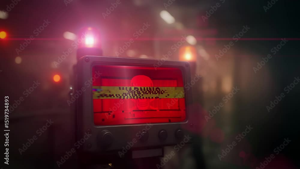 Poster warning screen with skull icon and flashing lights in a dark industrial setting, suggesting cyber at